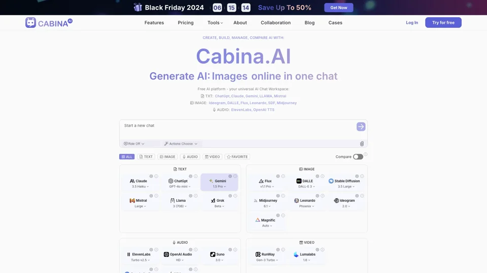 Cabina.AI - Free All-in-one AI platform: generate content, text, images online | One AI chat for all your needs - Cabina.AI